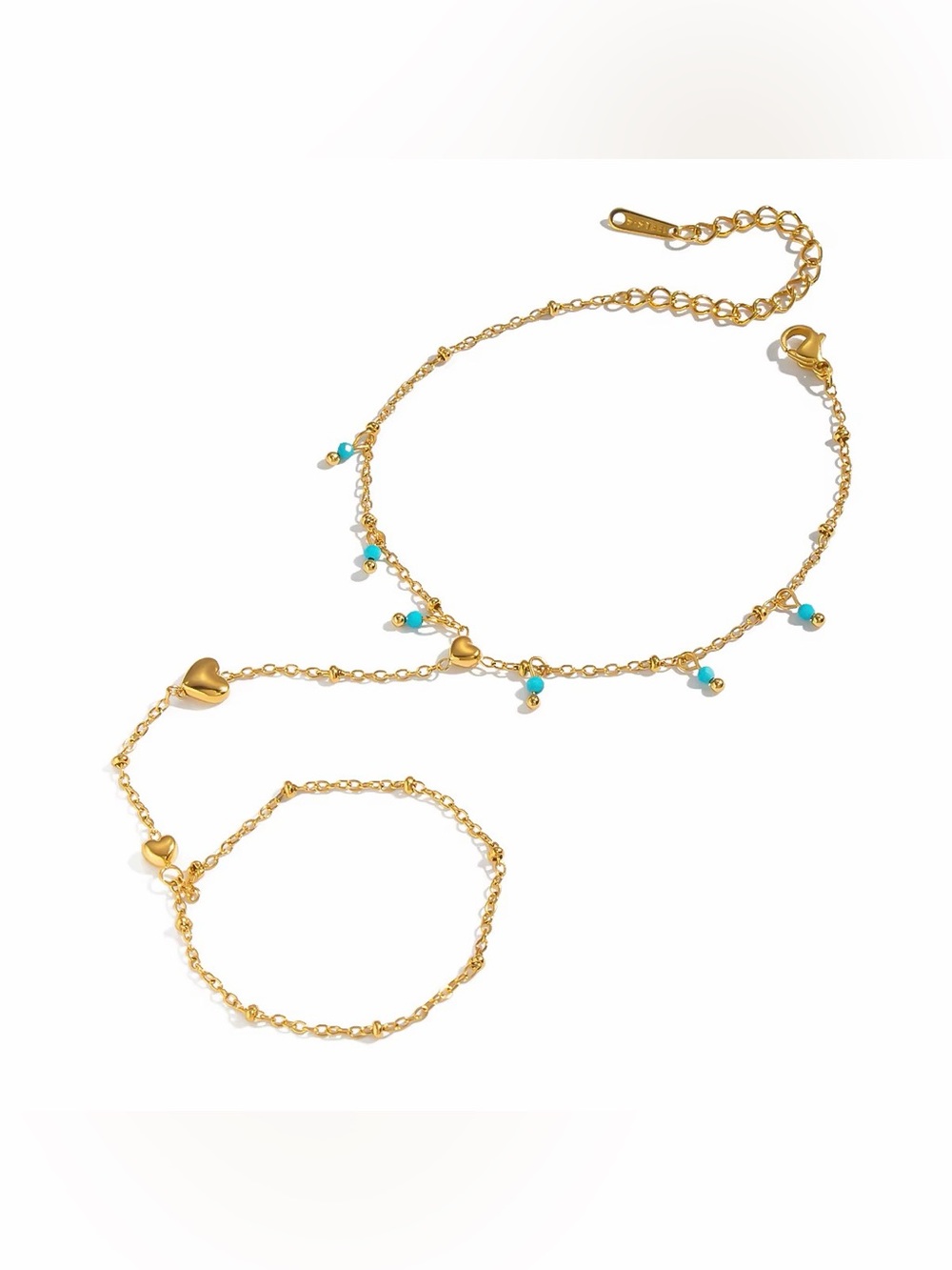 18K Gold Plated Turquoise Beaded Heart Hand Chain Bracelet - Picture 7 of 10